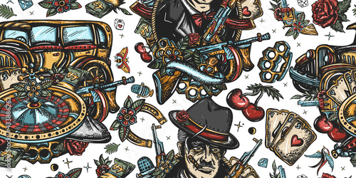 Gangsters pattern. Criminal, old noir movie background. Retro crime seamless background. Boss plays saxophone, bandits weapons, retro car, casino, robbers. Traditional tattooing style