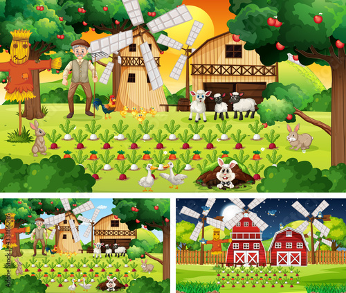 Different farm scenes with old farmer man and animals