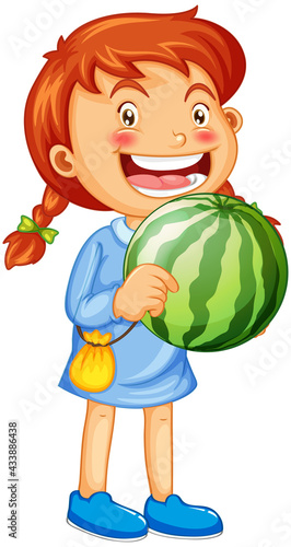 A girl holding watermelon fruit cartoon character isolated on white background