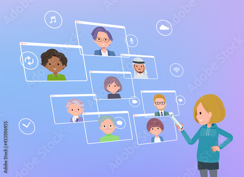 スマートフォンを使ってオンラインコミュニケーションをとっているパーカーを着た女性のセット