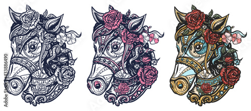 Beautiful horse. Farm animals portrait. Old school tattoo vector art. Hand drawn cartoon character set. Isolated on white. Traditional tattooing style