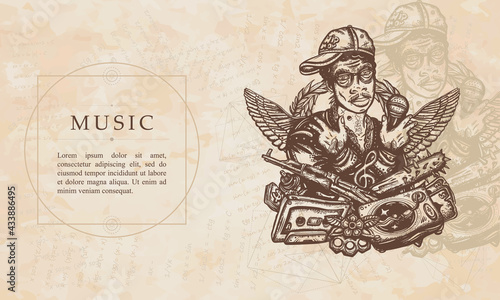 Music. Hip hop man. Rap battle art. Cool rapper in baseball cap, guns, audio type. Renaissance background. Medieval manuscript style. Gangster from ghetto. African American teenager musician, portrait