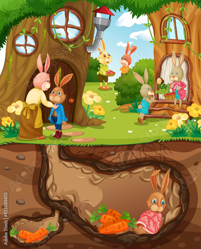 Underground rabbit hole with ground surface of the garden scene