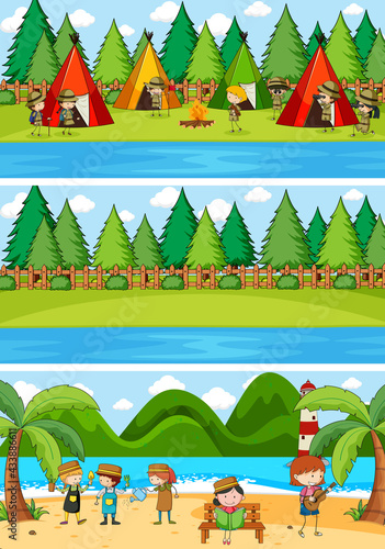 Set of different horizontal scenes background with doodle kids cartoon character