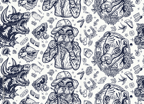 Dogs. Seamless pattern. Old school tattoo vector style. Pop culture style. Cartoon character. Evil doberman, street crime boxer bulldog, honey staffordshire terrier. Canine background
