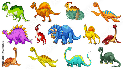 Different dinosaurs cartoon character and fantasy dragons isolated