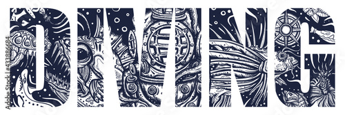 Diving slogan. Double exposure lettering. Typography art. Angler fish, lionfish, jellyfish. Deep underwater. Tattoo style. Vector graphics. Scuba diver helmet, octopus kraken tentacles. Sea monsters