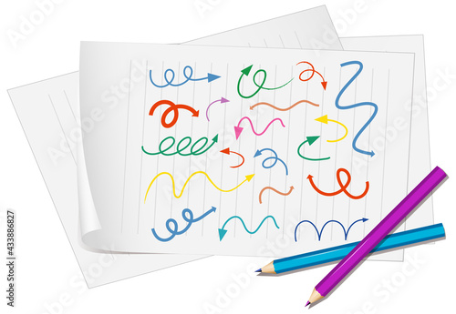 Different types of hand drawn curved arrows on paper