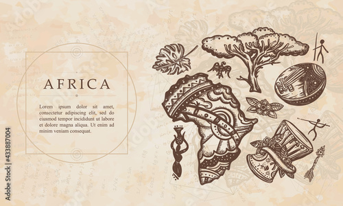 Africa. Kalimba, map, drum. Tradition and culture. Renaissance background. Medieval manuscript, engraving art
