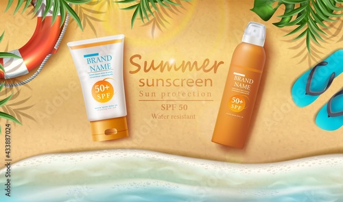 Vector summer sunscreen protection banner with sunscreen bottles on the sand with sunbeams and tropical leaves and slippers. 