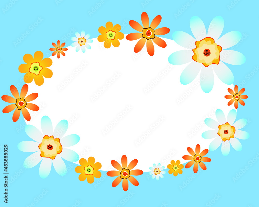 Vector frame with orange and light blue chamomile flowers 