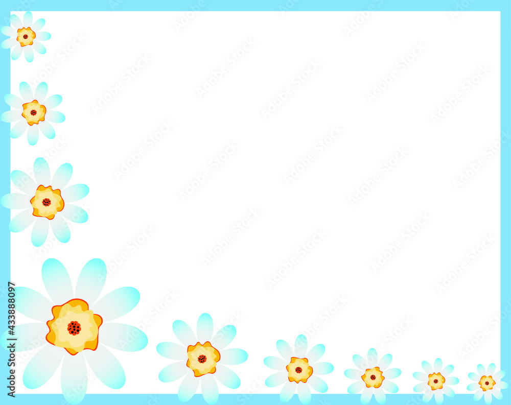 Vector frame with orange and light blue chamomile flowers 