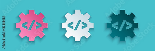 Paper cut Web design and front end development icon isolated on blue background. Paper art style. Vector