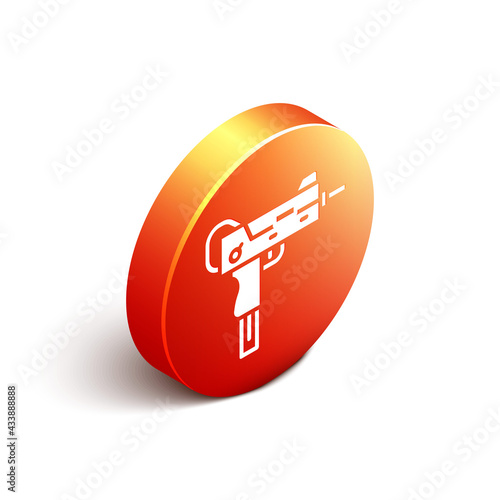 Isometric UZI submachine gun icon isolated on white background. Automatic weapon. Orange circle button. Vector