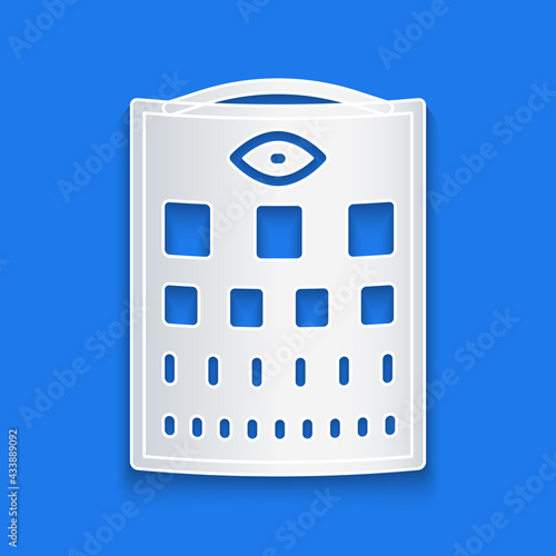 Paper cut Eye test chart icon isolated on blue background. Poster for vision testing in ophthalmic study. Snellen chart. Paper art style. Vector