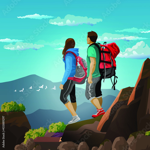 A couple of tourists, a guy and a girl, are walking in the mountains. Beautiful outdoor landscape. People with backpacks. Tourism, recreation, rock climbing. Colorfull illustration