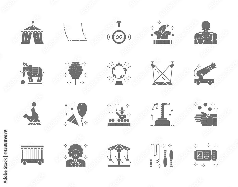 Naklejka premium Set of Circus Grey Icons. Clown, Swing, Jester Hat, Elephant, Juggler and more.