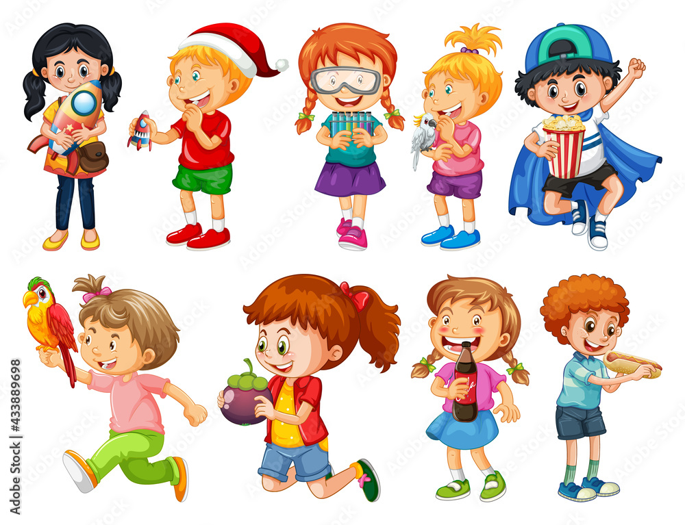 Set of different kid playing with their toys cartoon character isolated on white background Set of different kid playing with their toys cartoon character isolated on white background