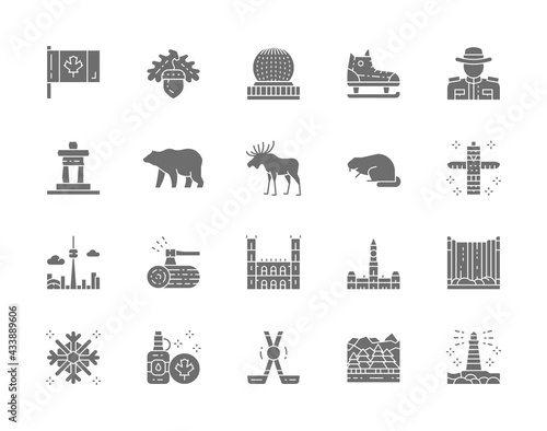Set of Canadian Culture Grey Icons. Sports Equipment, Police, Bear, Elk and more