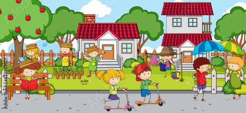 Outdoor scene with many kids playing at playground