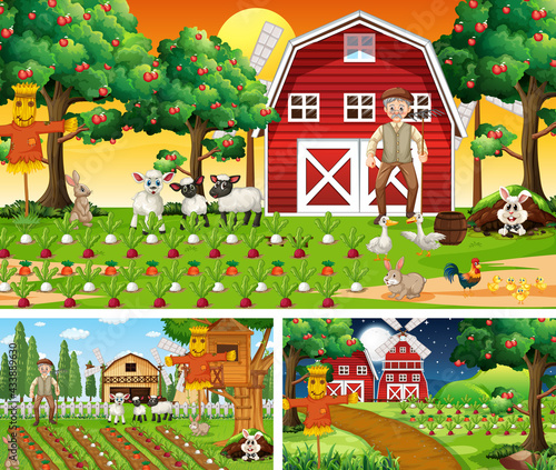 Different farm scenes with farm animals cartoon character