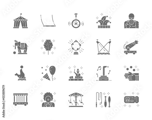 Set of Circus Grey Icons. Clown, Swing, Jester Hat, Elephant, Juggler and more.