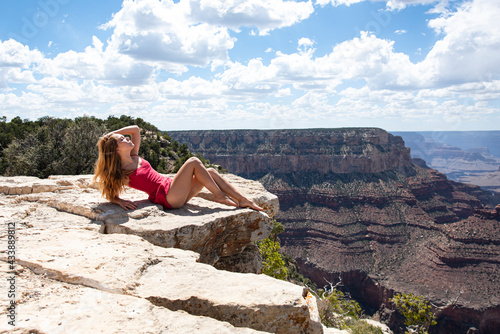 Beautiful natural landscape. Woman in Grand Canyon. USA traveling. World national landmark.