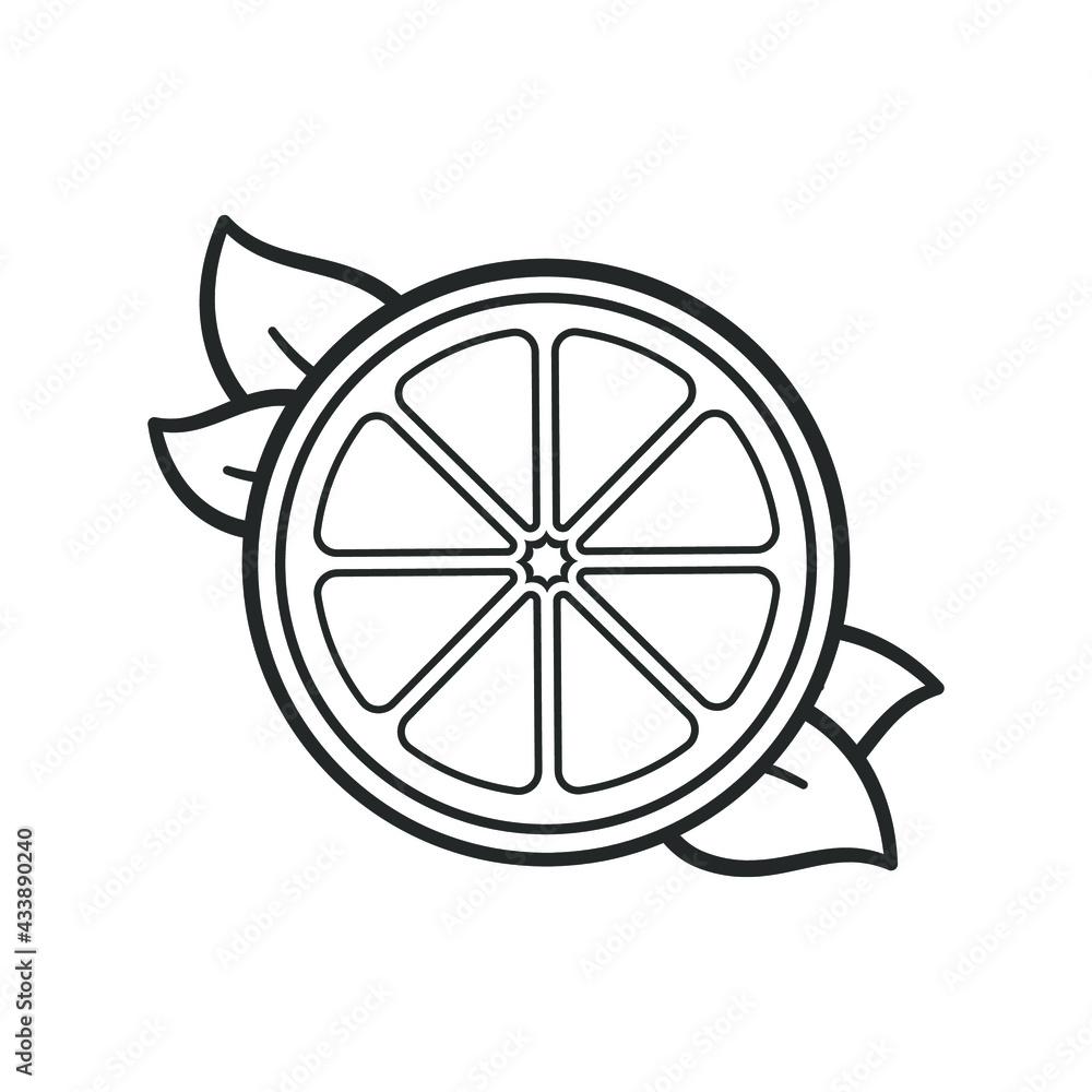 Half citrus fruit slice with leaves outline. Simple flat icon logo clip ...