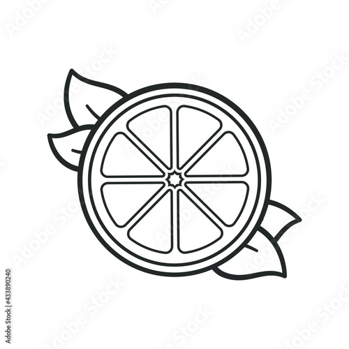 Half citrus fruit slice with leaves outline. Simple flat icon logo clip art vector design