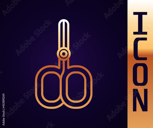 Gold line Nail scissors cuticle cut beauty salon icon isolated on black background. Cosmetic scissors for manicure. Vector