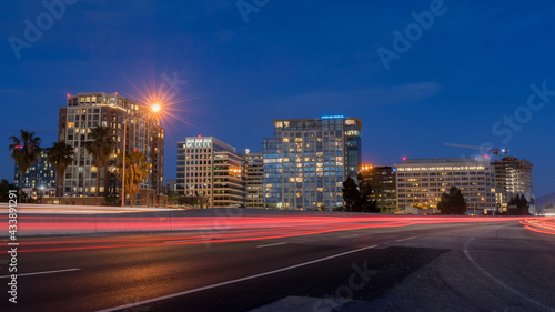San Jose Downtown and Car Light Trails on California State Route 87 during the Blue Hour. San Jose, California, USA. © Yuval Helfman