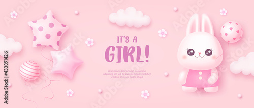 Baby shower invitation with cartoon rabbit, helium balloon, clouds and flowers on pink background. It's a girl. Vector illustration