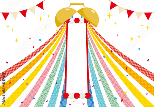 和柄リボンのくす玉とお祝いの垂れ幕　横 白バック