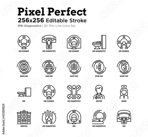 MRI diagnostics thin line icons set. Medical equipment for oncology detection, doctor, nurse, hospital. Pixel perfect, editable stroke. Vector illustration.