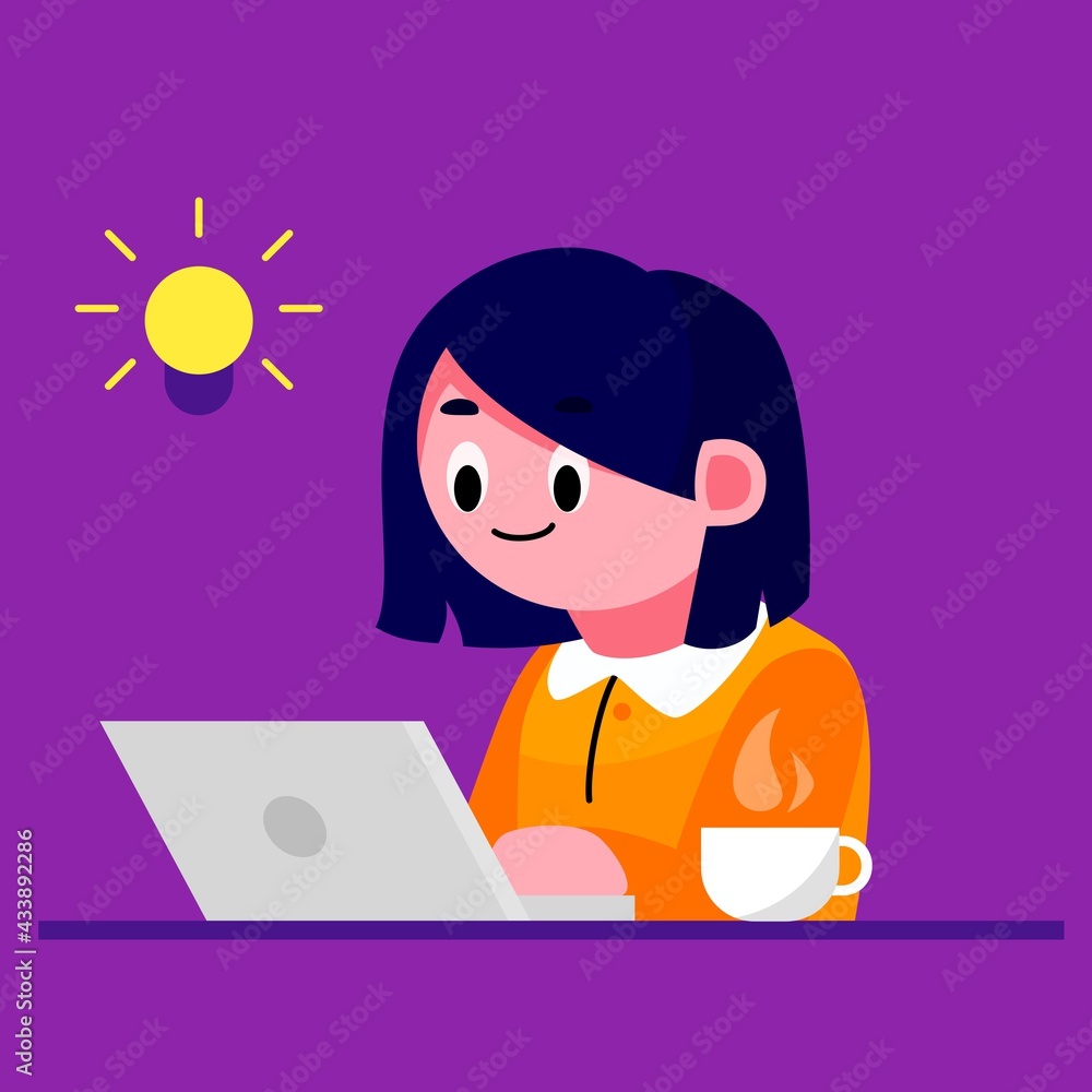 Girl sit in front of laptop vector illustration. Girl in front of laptop with a bulb over the head. girl with an idea Girl sit in front of laptop vector illustration. Girl in front of laptop with a bulb over the head. girl with an idea