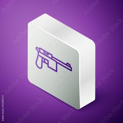 Isometric line Mauser gun icon isolated on purple background. Mauser C96 is a semi-automatic pistol. Silver square button. Vector