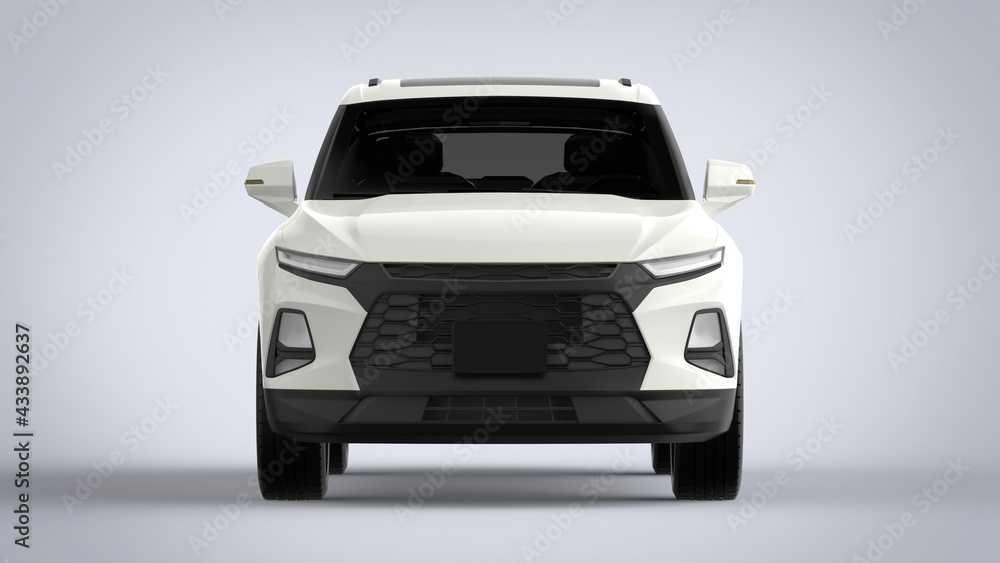 Front view white premium city crossover universal brand-less generic SUV concept car isolated on brown background 3d render image