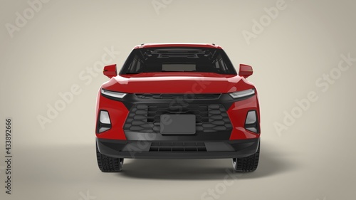 Front view red premium city crossover universal brand-less generic SUV concept car isolated on brown background 3d render image