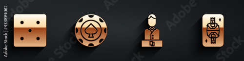 Set Game dice, Casino chips, Casino dealer and King playing card with diamonds icon with long shadow. Vector