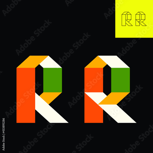 Single letter logo. 
Letter logo in 3d of letter R. 
Ladies fashion logo of ribbon folds with 4 colors of calm vibrant tropical tones of 'Amazonian Toucan', in Eps 8.

