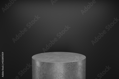 Grey stone plaster cylinder Product Stand with black background. 3D Rendering 