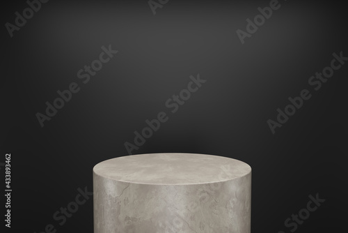 Beige stone plaster cylinder Product Stand with black background. 3D Rendering