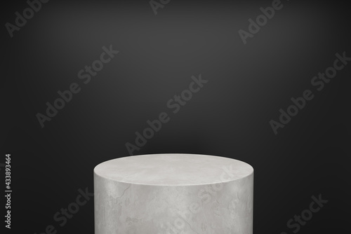 White stone plaster cylinder Product Stand with black background. 3D Rendering