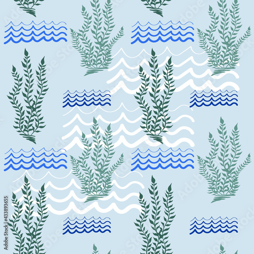Seaweed, wave surface pattern design. Geometric ocean seamless pattern. Doodle sea endless texture. Marine boundless background. Nautical undersea repeating tile. Editable flat underwater background