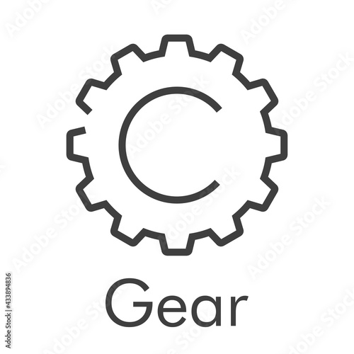 Logotipo palabra Gear con letra inicial C en silueta de engranaje con lineas en color gris
