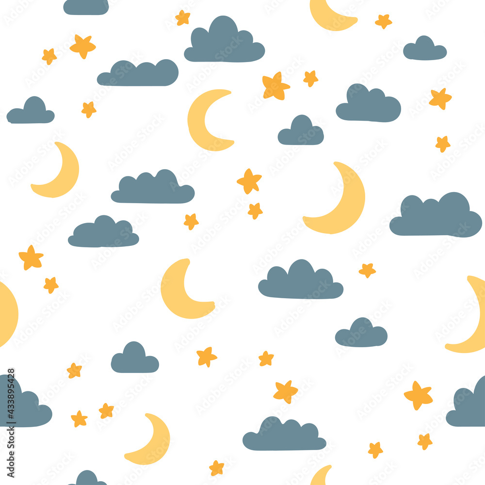 Night sky seamless pattern. Stars, moon, clouds vector background. Cute childish illustration for fabric, scrapbooking, wrapping paper, nursery poster.