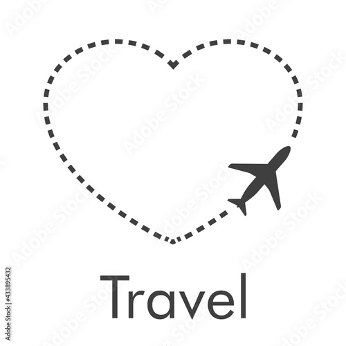 Logotipo con texto Travel y silueta de avión con trayectoria con forma de corazón en color gris