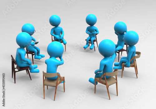 3d rendering of an group of balloonhead cuties, sitting in a circle of an therapy group