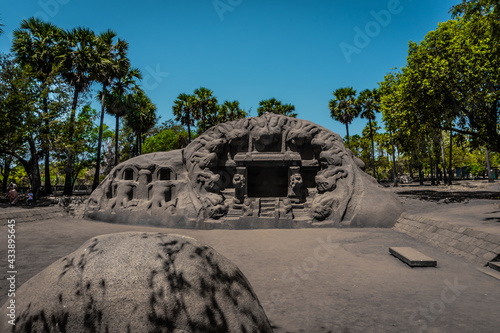 The Tiger Cave Temple- carvings of tiger heads on the mouth of a cave is a rock-cut temple located in the hamlet of Saluvankuppam near Mahabalipuram in Tamil Nadu, South India photo