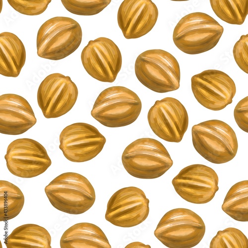 Seamless pattern of walnuts isolated on white background.